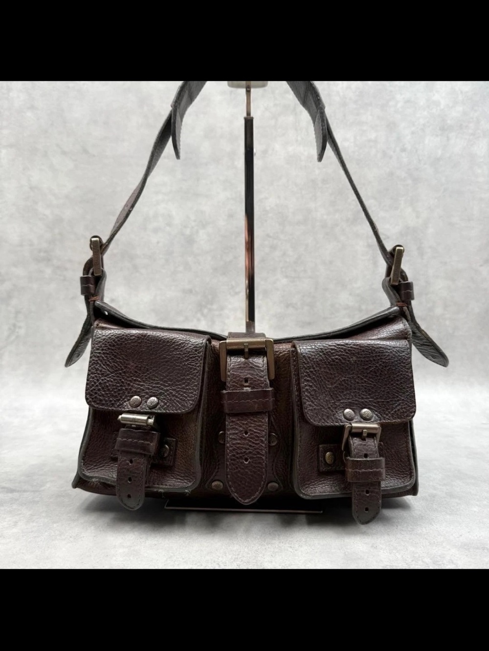 Mulberry Dark Brown Pebbled Leather Shoulder Bag with Buckle Pockets - Picture 2 of 15